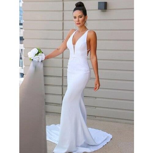 Long V-Neck Mermaid Wedding Dresses Sexy Criss Cross Back Court Train White Custom Bridal Gown For Women