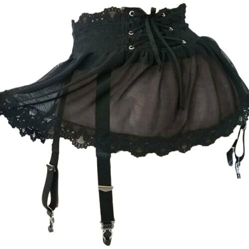 Women Adults Sexy Cosplay Lingerie Nightgown Elastic Lace Waist Sheer Mesh Ruffled Crossdress Short Skirt Panties