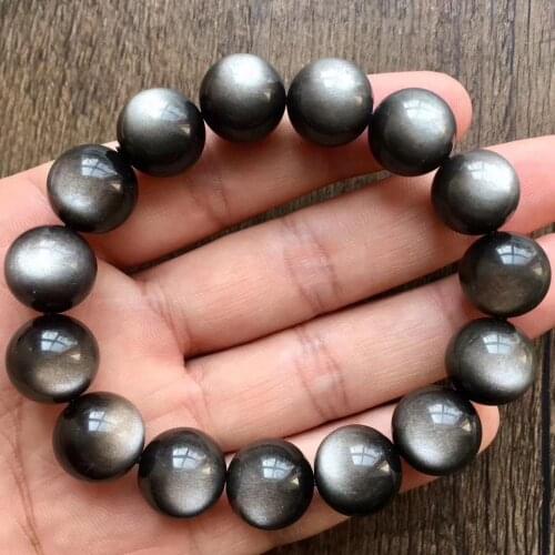 Genuine Natural Silver Obsidian Flash Bracelet Best Women Men Stone Stretch Round Beads Crystal 12mm 13mm 14mm 15mm AAAAA
