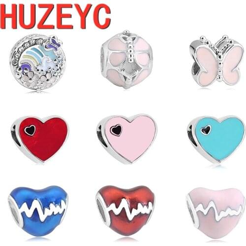 2pcs Stainless Steel Hole Bead Silver Pink Heart Butterfly Shaped Dangle Charm Beads Fit Original Bracelets Fine Jewelry Gift