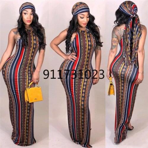 For women in the new 2020 African suit and sexy stripes Bohemian print dress (including headscarf)