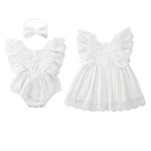 Newborn Toddler Baby Girls Lace Romper Ruffle Sleeve Bodysuit Bow Princess Dress Outfit Sister Match Clothes Childrens Clothing