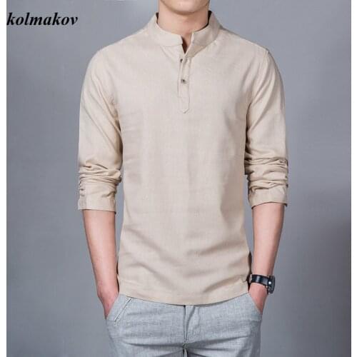 New Arrival Summer Style Men Boutique Cotton and Linen Long Sleeve Shirt Fashion Casual Solid Stand Collar Mens Leisure Shirt