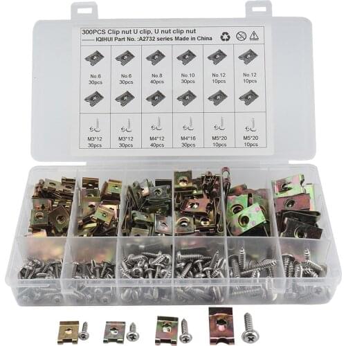 300 Pieces Car Screw U Nut U-Clip Assortment Kit Zinc plated Chart Inside
