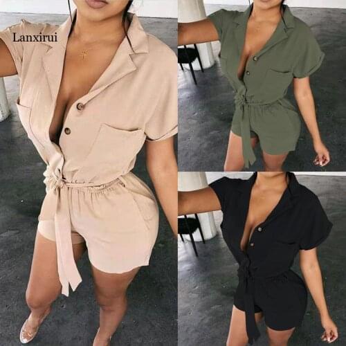 Pure color sleeveless pockets belt romper Single-breasted cool jumpsuit romper High street overall fashion romper new
