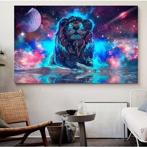DDHH Big Size Colored Planet Glowing Lion Canvas Painting Modern Animal Picture Art Wall Art Poster for Living Room