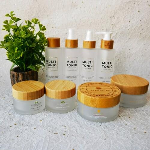 Custom Empty 5G-100G Frosted Glass Bottles Jar With Bamboo Lid For Cosmetics CBD Herb Cream Pox Skin Care Packaging Containers