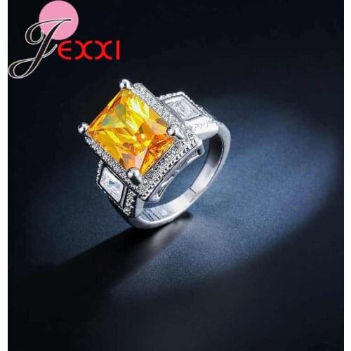 Luxury Square Yellow Crystal Rings Fashion Party 925 Sterling Silver Jewelry Women Vintage Bands Anniversary Anillos