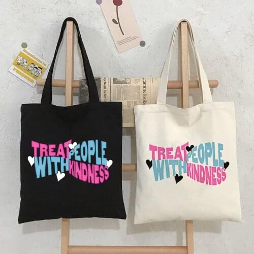 Fine Line Canvas Bag Ulzzang Fashion Casual Punk Large Capacity Cartoon Treat People With Kindness Shopping bags