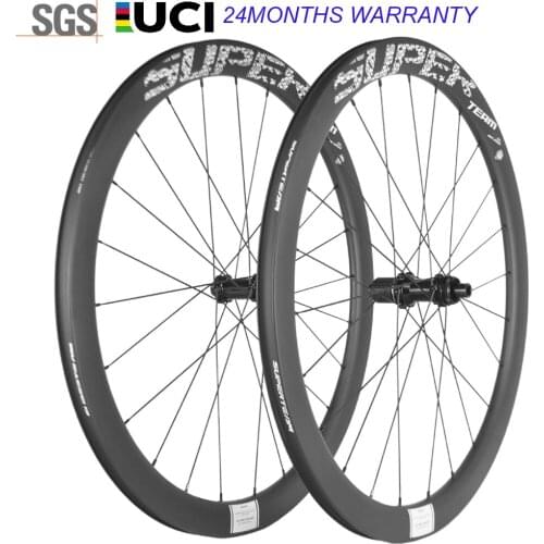 SUPERTEAM Carbon Disc Brake Wheelset 45mm Road Bike Clincher Tubeless Thru Axle/QR Bicycle Wheels