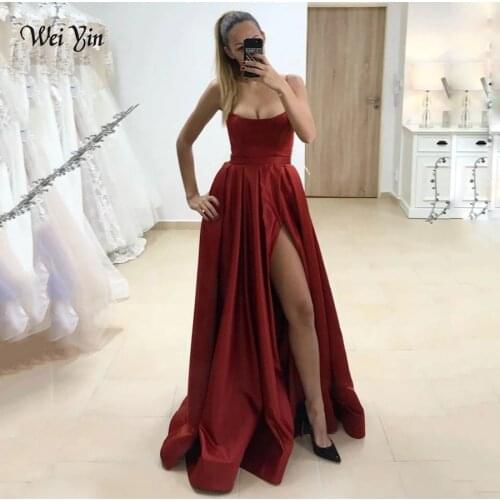 Weiyin AE0600 Prom Dresses with High Slit Satin Burgundy Vestidos De Gala Evening Party Dresses Prom Gown Robe De Soiree