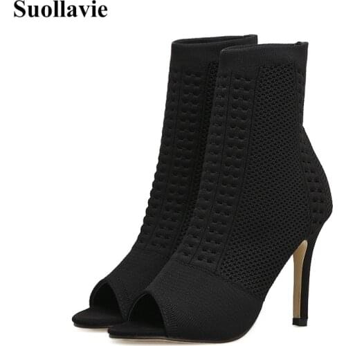 Suollavie Winter Autumn Women Peep Toe Ankle Boots Breathable Sexy Lady Thin High Heel Stretch Fabric Sock Boots
