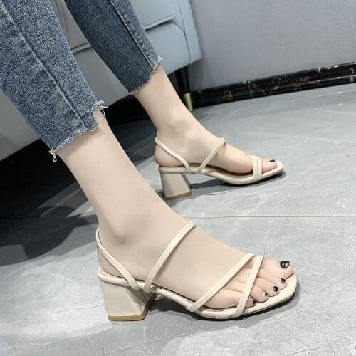 Women Sandals Chunky Heels Brand Slides 2021 Summer Flip Flops Narrow Band Sandal Elegant Mule Shoes Women Slipper Big Size 42