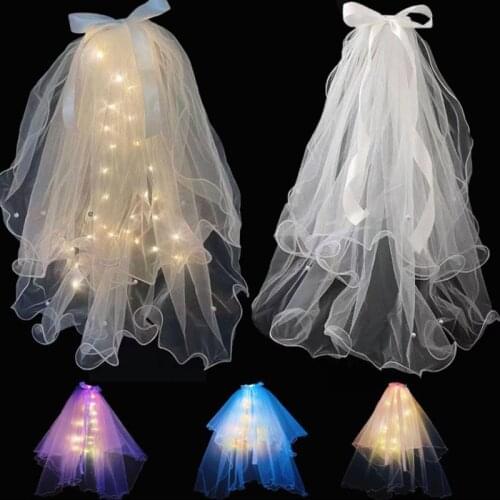 Glowing Light up Flower Girls Bowknot Hair Wreath Crown Veil Blinking Women Hair Wear Veils For Party Wedding Christmas Costume