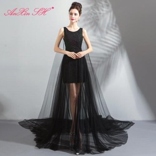 AXJFU black lace flower evening dress bride vintage princess sleeveless o neck dinner beach illusion black evening dress 5251
