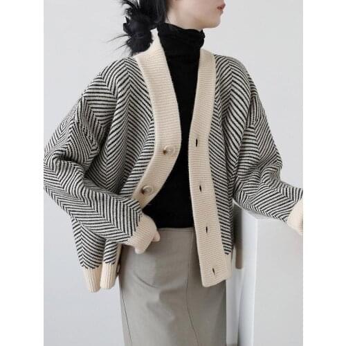 Nic Striped Winter Fashion Warm Coat Women Casual Woolen Casual Sweater Cardigan Long Sleeve Female Outwear Soft Loose Tops