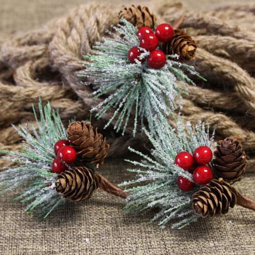 10pcs Christmas Pendant Articifial Red Berry Pine Needles Twig Christmas Tree Decoration Gift Box Packing Floral Picks Branches