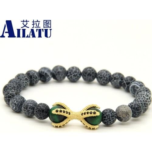 Ailatu 10pcs/lot Shiny Weathering Onyx Stone with Green Tiger Eye Beads Micro Inlay Black CZ Beads Eagle Paw Beaded Bracelets