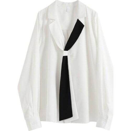 White And Black Women Shirts Spring New Design Loose Oversized Office Lady Elegant Outwear Tops With Ties