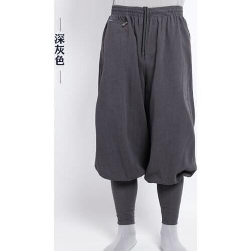 High quality cotton&linen blue/gray Spring&Autumn shaolin monk kung fu bloomers buddhist zen pants budda lay meditation trousers