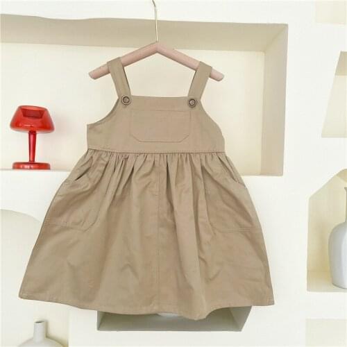 Kids Girls Suspender Dress 2021 Spring Autumn Fashion Solid Sleeveless Strap Dress Korean Style Children Clothes For 1-7Years