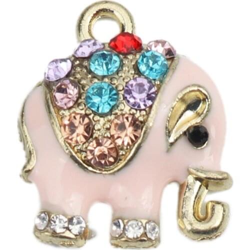 DoreenBeads Charm Pendants Elephant Gold color Pink Multicolor Rhinestone Enamel 18mm( 6/8") x 15mm( 5/8"), 5 PCs