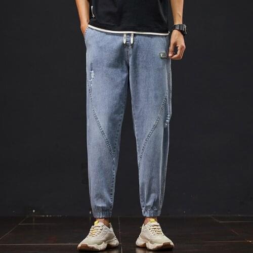 Spring Autumn Mens Jeans Cotton Denim Hip Hop Elastic Waist Joggers Streetwear Drawstring Blue Denim Pants Harem Trousers M-4XL