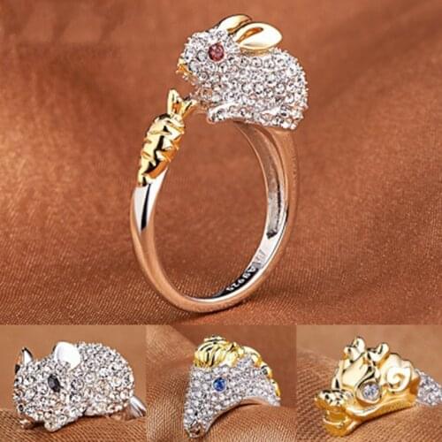 Best Price Luxury Shiny Animal Ring Rabbit/Pig/Dragon/Horse/Monkey/Snake/Sheep/Tiger/Dog/Rat Crystal Rings For Women Girl Gift