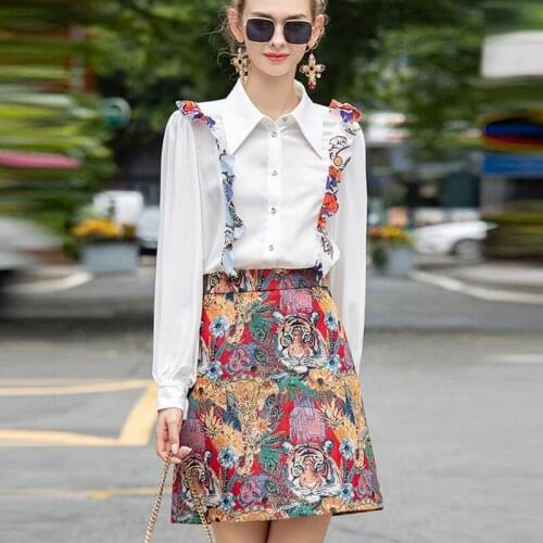 Fashion Runway Autumn New Set Women White Edible Tree Fungus Shirt+Jacquard embroidery Mini Skirt Suit