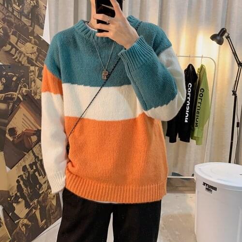 Original fashion Korean version of mens personality pull-over matching color round neck coat sweater knitwear