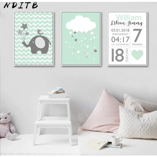 NDITB Birth Stats Custom Poster Nursery Wall Art Canvas Print Cartoon Painting Nordic Decoration Wall Picture for Baby Bedroom
