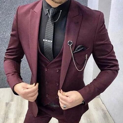 New Style Fashion Luxury Custom Claret Men Suit Slim Fit Groomsmen For Wedding Dress Dinner Beach Party Sets(Jacket+Vest+Pants)