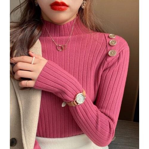 WWENN Pullover Knitted Women Sweater Winter Button Basic Slim Casual Ribbed Knit Soft Korean Top Fall Woman Sweaters Clothes