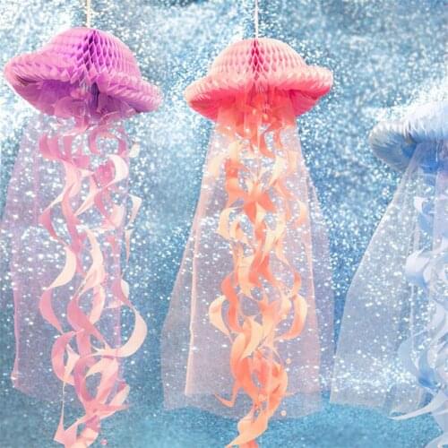 Mermaid Party Decorations Hanging Honeycomb Jellyfish Pastel Mermaid Birthday Supplies Paper Ornament Happy Birthday Favors