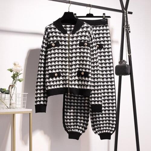 Houndstooth Tracksuit Knitted Outfits Women Stand Collar Zipper Cardigan Sweater Lantern Pants Set Female Loose Casual Knit Suit