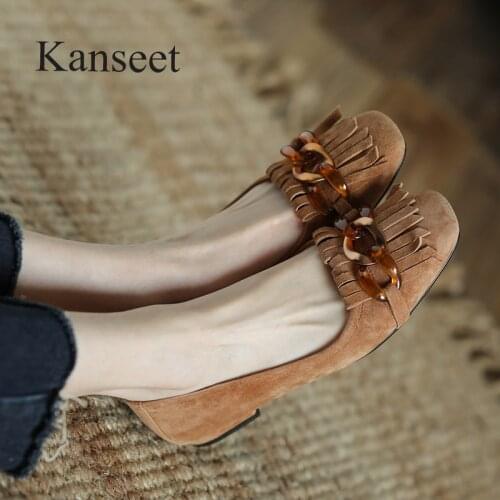 Kanseet Genuine Leather Shoes 2021 Autumn New Chain Decoration Dress Office Ladies Khaki Shallow Low Heels Woman Pumps Size 40