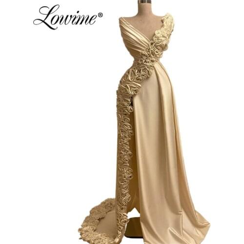 Champagne V Neck Mermaid Evening Dress Dubai Arabic Formal Handmade Flower Satin Prom Dresses Long 2020 Women Party Gowns Custom