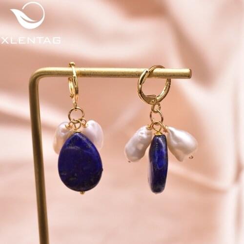 XlentAg Natural Lapis Lazuli High-quality Pearls Dangle Earrings Blue Stones Birthday Drop Earings Women Fashion Jewelry GE0943