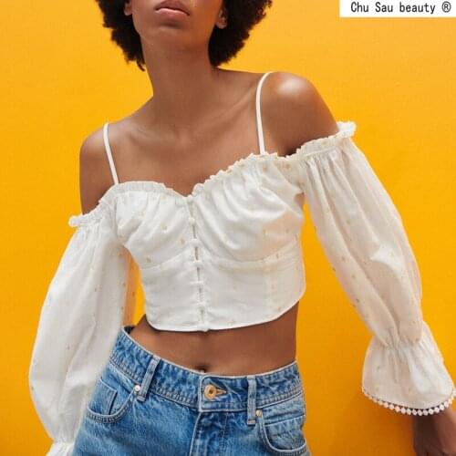 2021 Summer French Long-Sleeve Cropped Sling Embroidered Top White Folds Ladies Sweet Blouse Women Pullover Chic