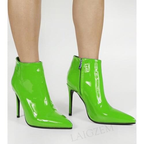 DOBANER Women Ankle Boots Pointy Toe Side Zip Shiny Patant High Heels Booties Botas Ladies Shoes Woman Plus Size 43 44 46 47