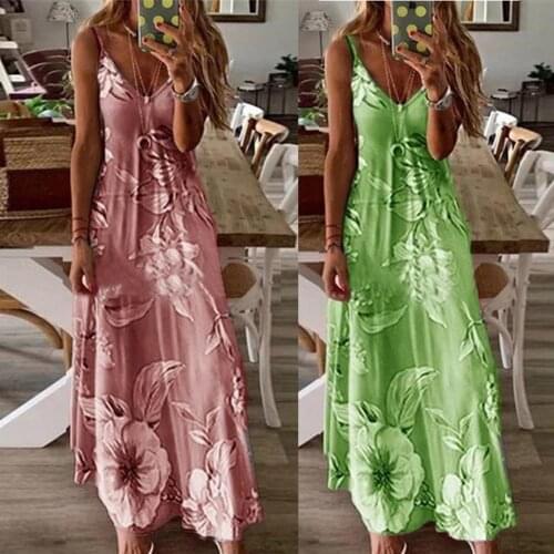 Vintage Dress Plus Size Women Sleeveless V Neck Floral Print Large Swing Loose Sling Dress Female Elegant Long Midi Party Dress