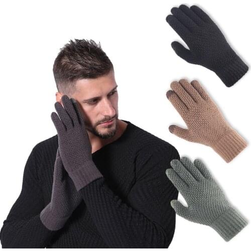 Winter Men Padded and Thickened Faux Cashmere Fashion Stretch Windproof Warm Touch Screen Split Finger Gloves