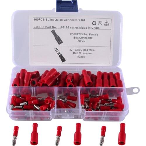 100pcs 50pairs 6.3mm 16-14AWG Female Male Electrical Wiring Connector Insulated Crimp Terminal Spade Blue Red FDFD2-250 MDD2-250