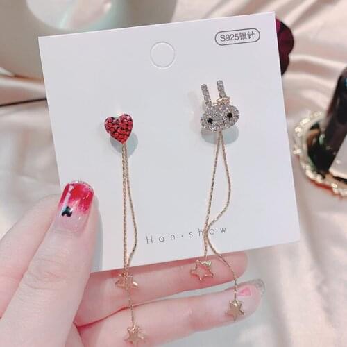 2020 New Trendy Brand Asymmetrical Sweet Personality Long Tassel Drop Earrings Red Love Heart Ear Line Ear Studs