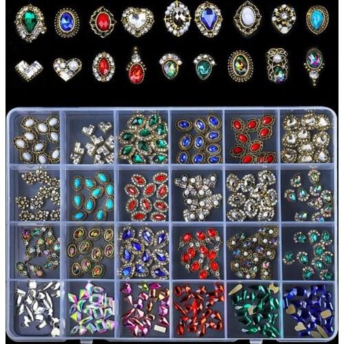 24 Grid Mixed 3D Nail Manicure Decoration Variety Shiny Rhinestone Gems Nail Charms Metal Crystals Nails Accessories Tools Kits