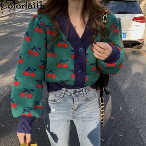 Colorfaith New 2021 Women Autumn Winter Sweaters Fashionable Elegant Cherry Oversize Short Cardigans Vintage Knitwear SWC1349JX