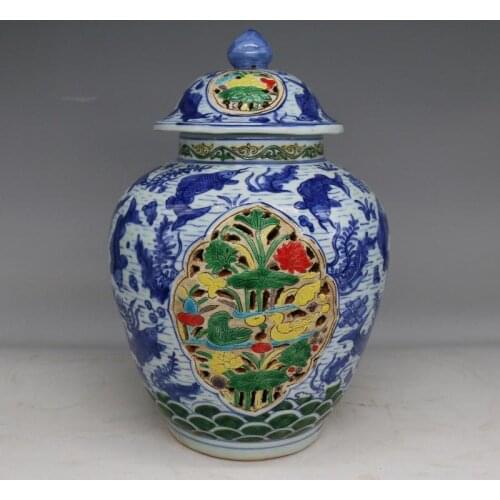 Antique MingDynasty porcelain jar,Blue Color carve fish pot,Hand-painted crafts,Decoration,Collection&Adornment,Free shipping