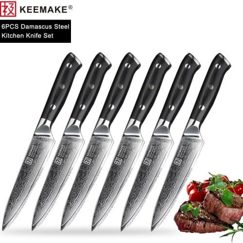 KEEMAKE 6PCS Kitchen Knives Set 5" inch Steak Chefs Knife Japanese Damascus VG10 Steel Razor Sharp G10 Handle Cutting Tools
