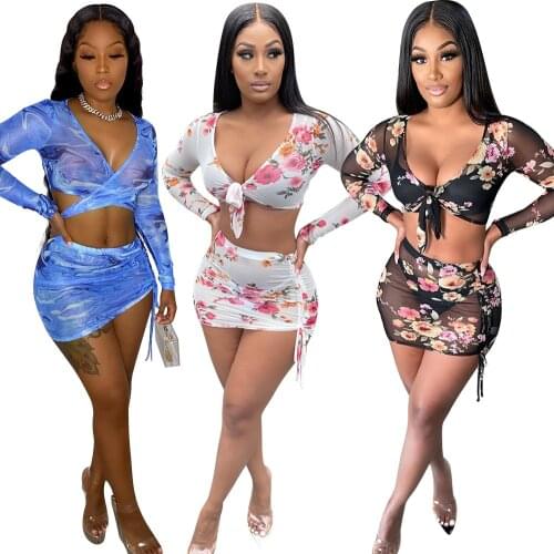 Floral Print Sheer Mesh Skirts 2 Piece Outfits Sexy Lace Up Long Sleeve Crop Top + Drawstring Ruched Mini Two Piece Set Club