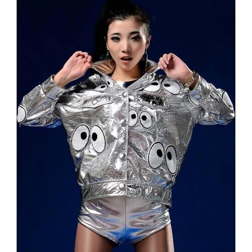 Adult Hip Hop Costumes Long Sleeve Laser Leather Silver Short Jackets Rock Jacket Jazz Dancing Blazer Rave Outfit XS1742